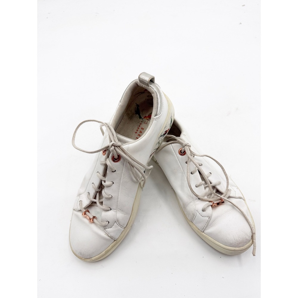 Ted Baker London Roully White Leather Bird Floral Sneakers Rose Gold US 7.5